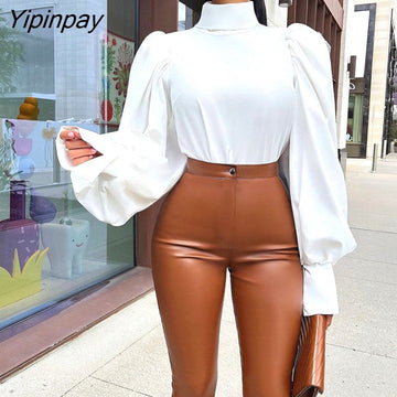 Yipinpay Women Fashion Elegant Solid Long Puff Sleeves Basic Lace Up Formal Working Blouses Tops
